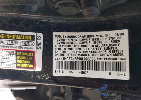 2008 Honda Civic Ex from USA, damaged, VIN 1HGFA16898L095065